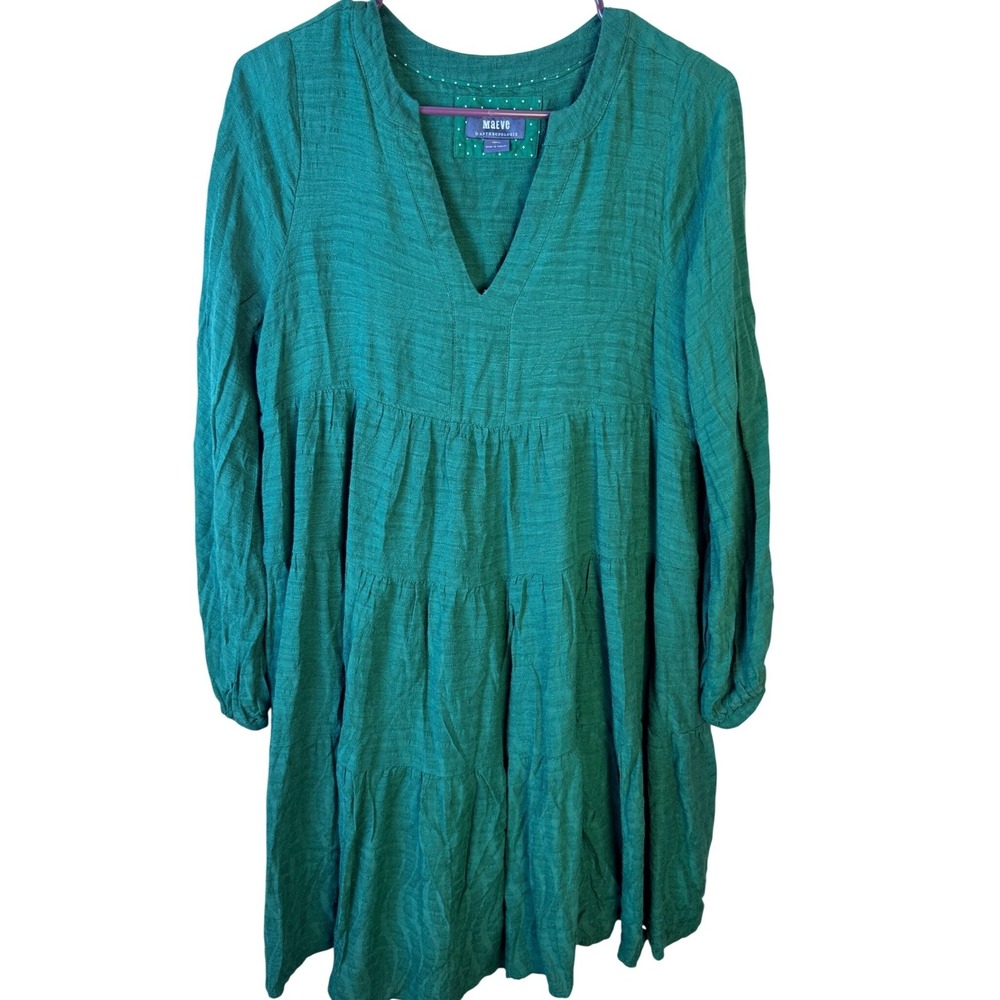Maeve Anthropologie Emerald Green Textured Tiered V-Neck Mini Dress Womens Small